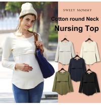 Cotton round neck and long sleeve nursing top 