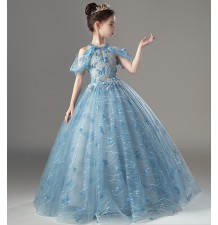 Robe brodée de papillons bleu de cérémonie fille-demoiselle d'honneur